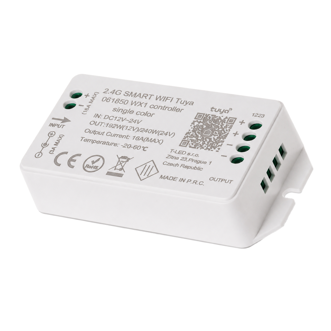 Chytrý LED ovladač dimLED Tuya WiFi – pohled na napájecí a výstupní svorky a QR kód pro párování s aplikací Tuya
